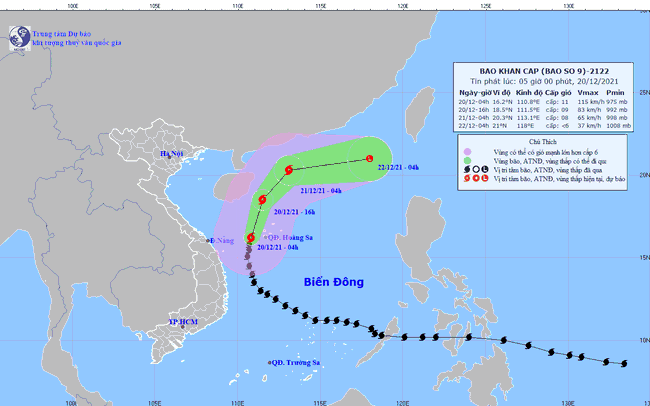 9号台风的位置。图自越南国家水文气象预报中心 9号台风雷伊向东北偏北方向移动 强度逐渐减弱 ảnh 2