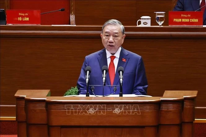 苏林总书记代表越共第十三届中央委员会作关于提交第十四次全国代表大会文件的报告。图自越通社