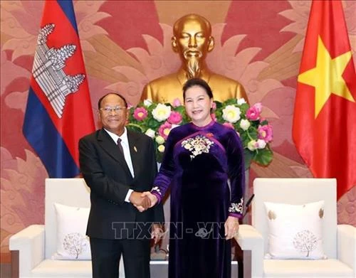 越南国会主席阮氏金银与柬埔寨国会主席韩桑林举行会谈