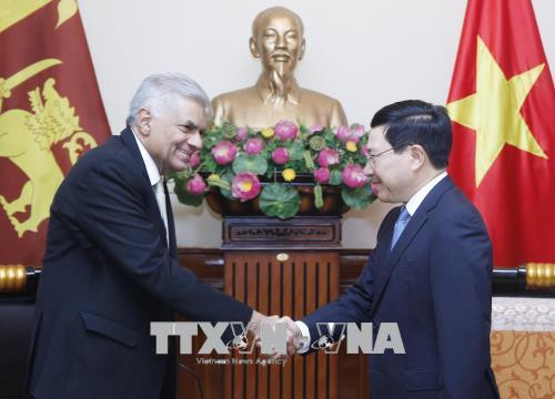 越南政府副总理兼外交部长范平明（右）会见斯里兰卡总理拉尼尔•维克勒马辛哈 图自越通社