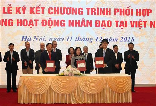 越南红十字会与各伙伴合作备忘录签署仪式。图自越通社