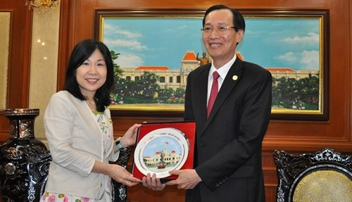 胡志明市人民委员会副主席黎青廉与日本大阪府堺市副市长狭間惠三子（图片来源：http://m.voh.com.vn）