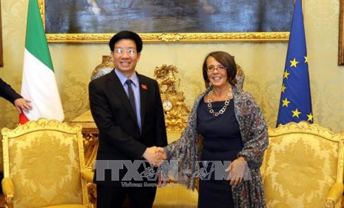 越南国会办公厅副主任范廷瓒（左）会见意大利众议院副议长玛丽娜（Marina Sereni）。（图片来源：越通社）