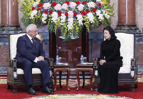 越南国家代主席邓氏玉盛会见白俄罗斯上议院议长米亚斯尼科维奇。（图片来源：越通社）