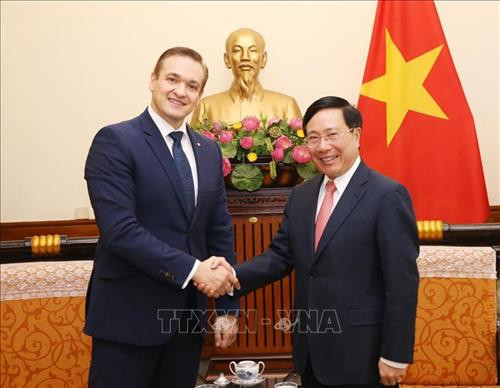 越南政府副总理兼外长范平明会见立陶宛内务部长米休纳斯。图自越通社