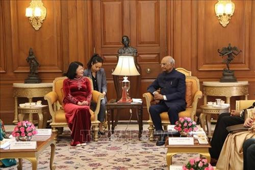 越南国家副主席邓氏玉盛会见印度共和国总统科温德。图自越通社