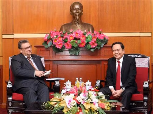 越南祖国阵线中央委员会主席陈青敏会见芬兰新任驻越大使卡丽•卡希洛托。图自越通社