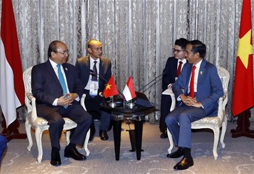 阮春福会见印尼总统佐科·维多多。图自越通社 阮春福会见印尼总统佐科·维多多。图自越通社