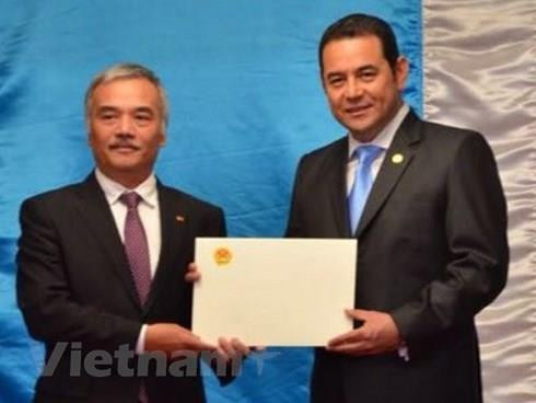 越南驻墨西哥兼驻危地马拉共和国大使阮淮阳向危地马拉总统吉米•莫拉莱斯递交委任书。图自越通社