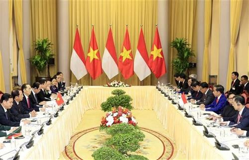 越南国家主席陈大光与印尼总统佐科·维多多举行会谈。图自越通社