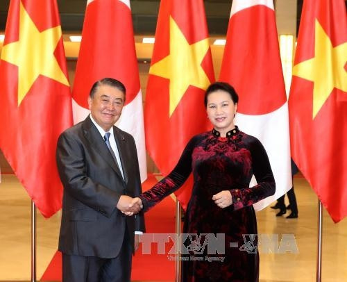 国会主席阮氏金银与日本国会众议院议长大岛理森。（图片来源：越通社）