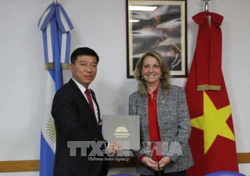越南国会代表工作委员会副主任阮英俊向阿根廷—越南友好议员小组主席苏珊娜·巴尔博赠送纪念品。（图片来源：越通社）