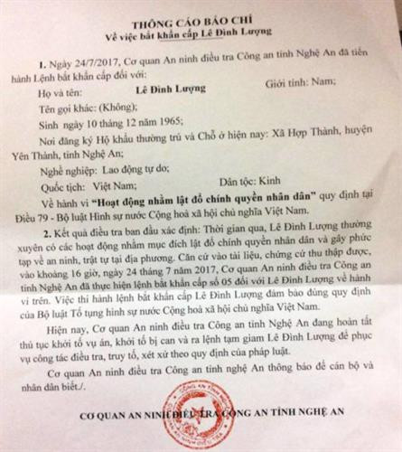 乂安省公安机关对该省公民黎廷量进行逮捕的新闻公报。（图片来源：因特网）