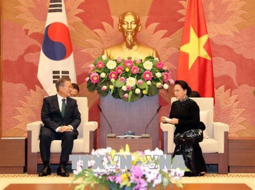 越南国会主席阮氏金银会见韩国总统文在寅。（图片来源：越通社）