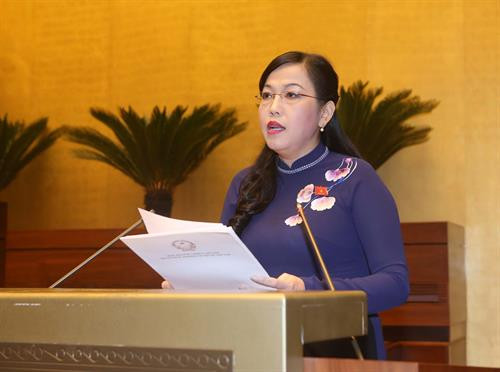 国会常委会委员、国会常委会民愿委员会主任阮青海作第十四届国会第三次会议选民建议办理工作监督结果的报告。（图片来源：越通社）