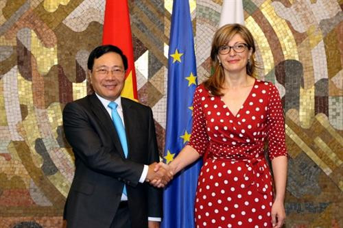 越南政府副总理兼外交部长范平明会见保加利亚副总理兼外交部长扎哈里埃娃。（图片来源：越通社）
