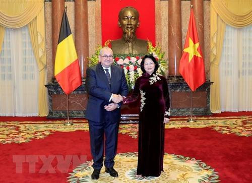 越南国家代主席邓氏玉盛（右）会见比利时驻越大使保罗·詹森。图自越通社