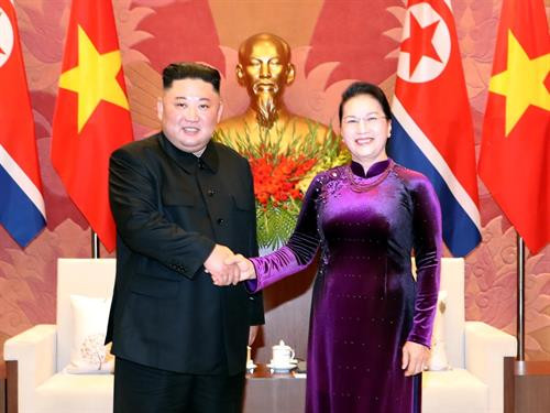 越南国会主席阮氏金银会见朝鲜最高领导人金正恩 。图自越通社