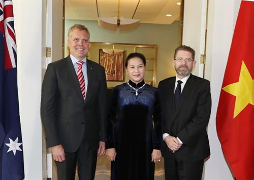 阮氏金银和两位议长合影。(图片来源:越通社) 阮氏金银和两位议长合影。(图片来源:越通社)