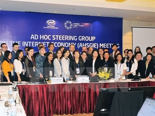 参加互联网经济临时指导小组会议的代表合影留念。（图片来源：越通社）