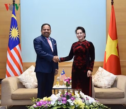 越南国会主席阮氏金银在河内会见马来西亚上议院议长维纳斯瓦兰·山纳。（图片来源于互联网）