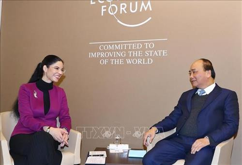 阮春福会见罗马尼亚副总理安娜·伯查尔。图自越通社