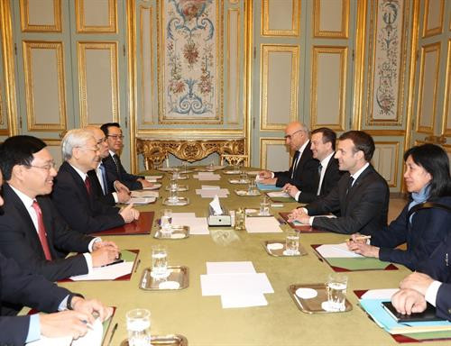 越共中央总书记阮富仲（左）与法国总统埃马纽埃尔·马克龙举行会谈。越通社记者 智勇 摄