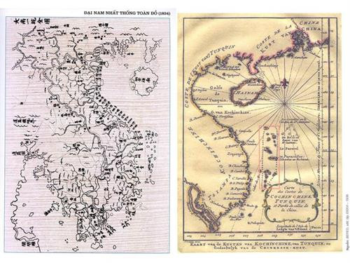 由潘晖注于1834年主编的《大南一统全图》和西方人于1749年绘制的越南地图是证明黄沙和长沙归属越南的历史证据之一。图自《越南之声》