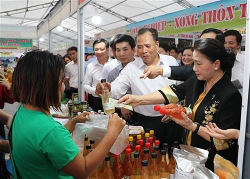 国会主席阮氏金银和各位代表参观第15届越南传统手工艺村暨“一乡一品”展销会。图自越通社 国会主席阮氏金银和各位代表参观第15届越南传统手工艺村暨“一乡一品”展销会。图自越通社