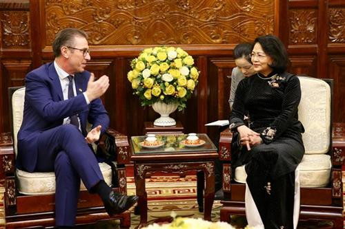 越南国家副主席邓氏玉盛会见爱尔兰全球风能与太阳能公司执行总裁安迪·金塞拉。图自越通社 越南国家副主席邓氏玉盛会见爱尔兰全球风能与太阳能公司执行总裁安迪·金塞拉。图自越通社