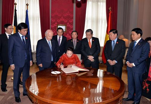 越南国会主席阮氏金银在比利时联邦参议院驻地在留言簿上留言。图自越通社