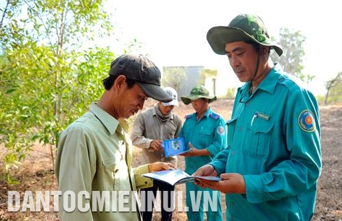 黎红峰森林管理委员会干部检查在北平县和胜乡地区种植的林木生存率。记者 安孝 摄 向平顺省沿海县居民开展宣传工作，提高他们保护林木的意识。记者 安孝 摄