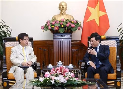 越南政府副总理兼外长范平明（右）会见日本国家安全保障局秘书处副秘书长兼原信克。图自越通社