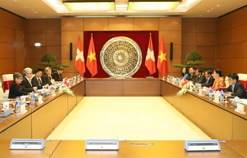 国会主席阮氏金银与瑞士联邦院议长伊沃·比绍夫贝尔格举行会谈全景。（图片来源：越通社）