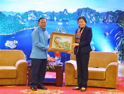 越南广宁省委常务副书记杜氏黄向老挝华潘省代表团赠送纪念品。(图片来源:http://baoquangninh.com.vn) 越南广宁省委常务副书记杜氏黄向老挝华潘省代表团赠送纪念品。(图片来源:http://baoquangninh.com.vn)