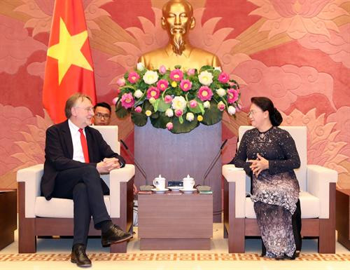 越南国会主席阮氏金银会见 欧洲议会国际贸易委员会主席博纳德·朗耶。(图片来源：越通社)