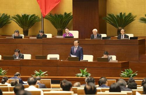 财政部长丁进勇在会议上答复质询。（图片来源：越通社）