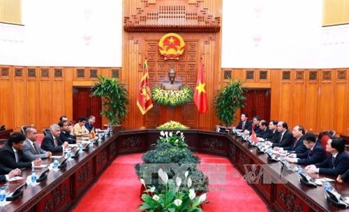 阮春福与维克勒马辛哈举行会谈场景。（图片来源：越通社）