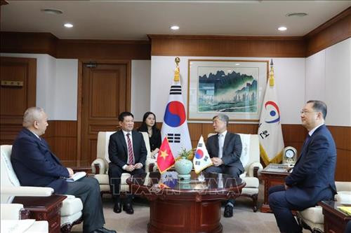 越共中央委员、国家审计署审计长胡德福与韩国审计监察院院长Choe Jaehyeong举行座谈。图自越通社