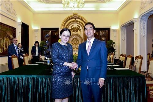 越南外交部副部长苏英勇（右）与罗马尼亚外交部国务秘书格奥尔基策 图自越通社