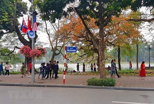河内大部分街道均挂上越南、美国及朝鲜三国的国旗。图自越通社