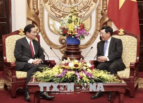 越南政府副总理兼外长范平明（右）会见日本自由民主党政策研究会会长岸田文雄（图片来源：越通社）