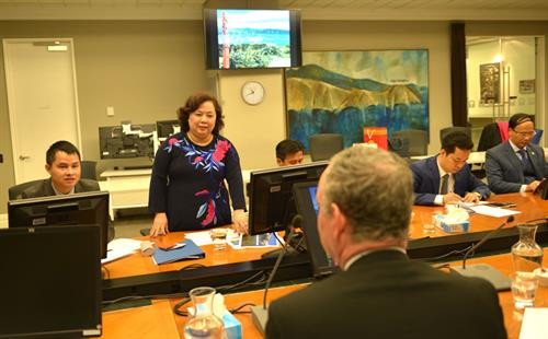 河内市国会代表团副团长、市人民议会主席阮氏碧玉在会谈中发表讲话。图自越通社