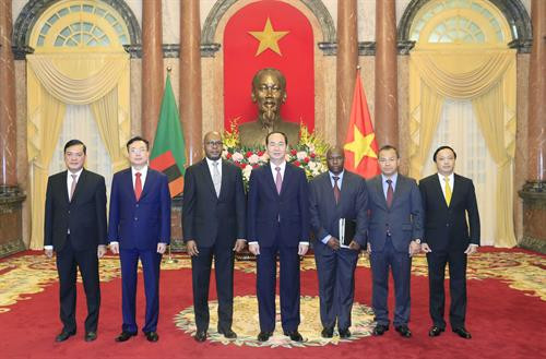 越南国家主席陈大光和赞比亚驻越大使伊玛坎多及双方代表合影。（图片来源：越通社）