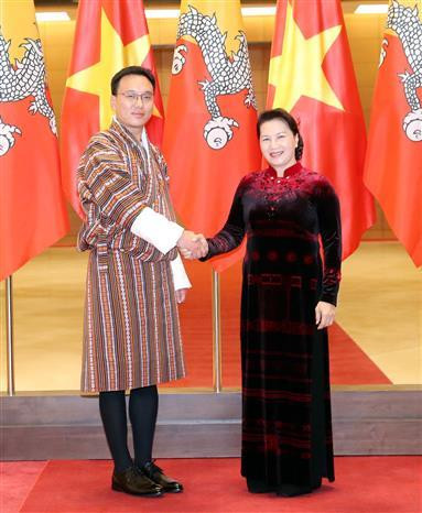 越南国会主席阮氏金银回见不丹国家委员会主席塔希·多吉。图自越通社