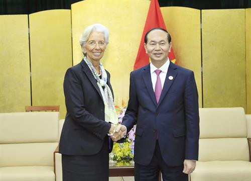 越南国家主席陈大光会见国际货币基金组织总裁克里斯蒂娜•拉加德。(图片来源:越通社) 越南国家主席陈大光会见国际货币基金组织总裁克里斯蒂娜•拉加德。(图片来源:越通社)