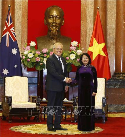 越南国家副主席邓氏玉盛会见澳大利亚总理斯科特•莫里森。图自越通社
