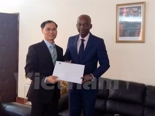 范英俊大使向多哥外交、合作与非洲一体化部部长罗贝尔·迪塞递交越南国家主席陈大光的委任书。（图片来源：越通社）