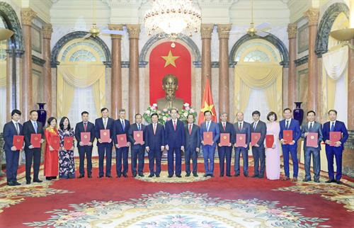 越南国家主席陈大光代表党和国家领导向16名越南新任驻外大使颁发任命书 越通社记者 颜创 摄
