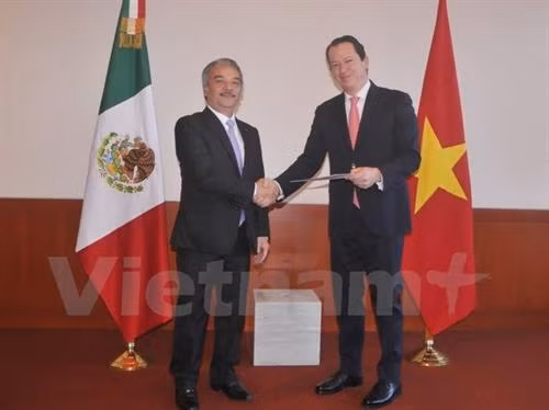 越南新任驻墨西哥大使阮淮阳（左）向墨西哥外交部礼宾司司长卡洛斯拉拉递交国书。（图片来源：越通社）